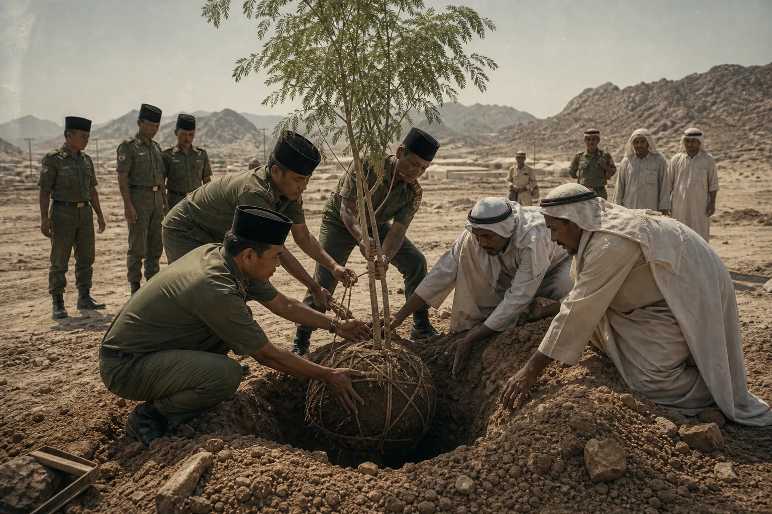 Ilustrasi tim Indonesia menanam pohon di Padang Arafah pada 1970-an