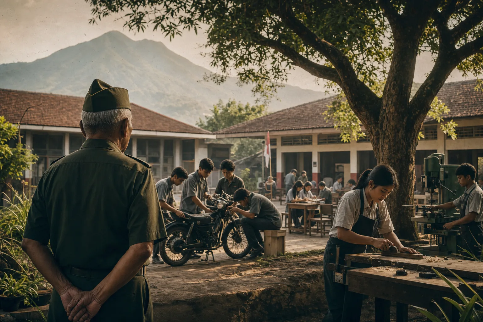 Ilustrasi seorang veteran menyaksikan siswa sekolah kejuruan belajar di Salatiga
